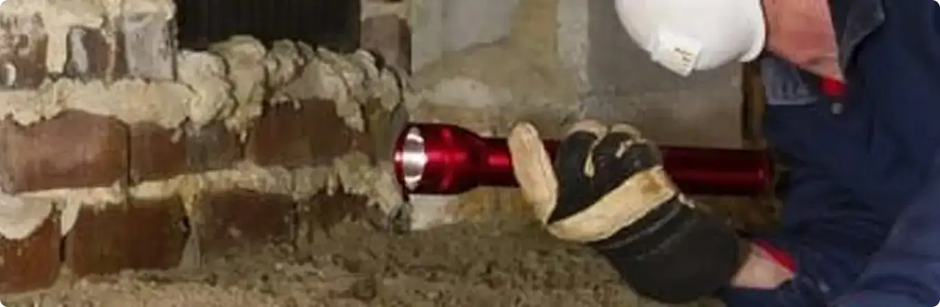 Pest control technician inspecting a crawl space for ant activity in Auburndale, FL