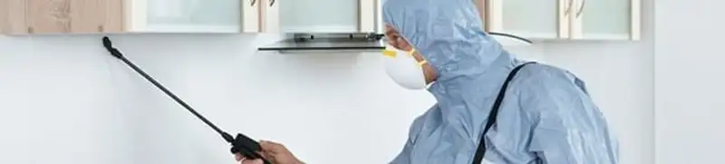 Termite treatment technician applying indoor pest control spray in Lakeland, FL